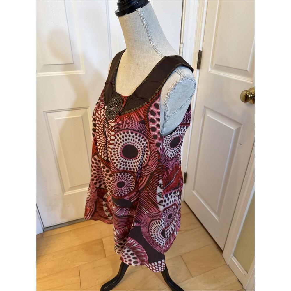 SILKY STYLE debbie shuchat Pink & Brown Print Cotton Silk Blend Tunic Top Size 6
